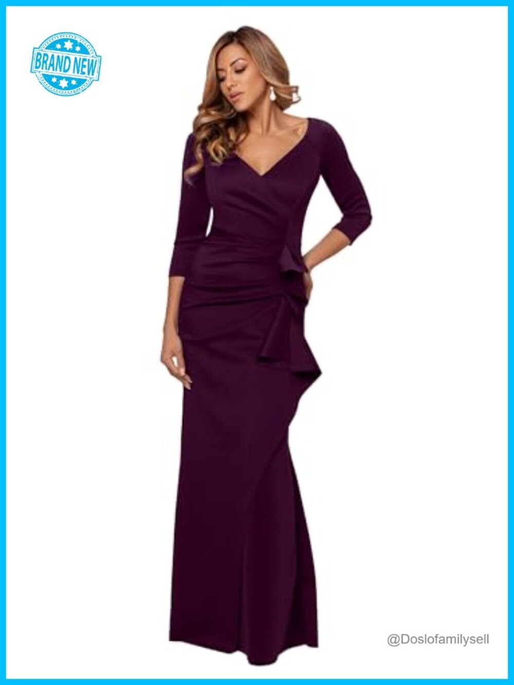 Floor Length V-Neck Bodycon Evening Gown 3/4 Sleeves Ruffle Detail
